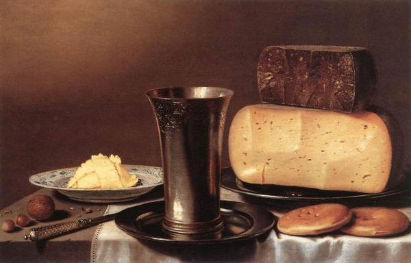 Still Life With Glass Cheese Butter And Cake